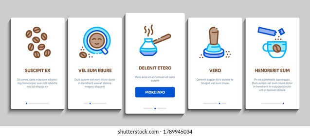 Coffee Energy Drink Onboarding Mobile App Page Screen Vector. Coffee Beans And Package, Grinder And Machine For Make Beverage, Cup And Pot Illustrations