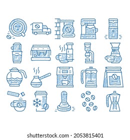 Coffee Energy Drink sketch icon vector. Hand drawn blue doodle line art Coffee Beans And Package, Grinder And Machine For Make Beverage, Cup And Pot Illustrations