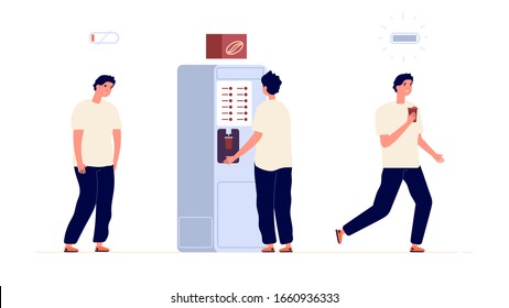 Coffee energy. Isolated creative worker need energizer break. Espresso cup, energetic drink for office manager. Happy businessman with cappuccino vector illustration