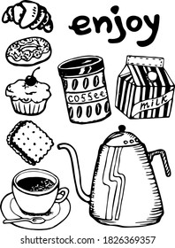 Coffee enjoy set. Kettle, sweets, coffee can, cup and milk. Doodle vector illustration. Hand drawing