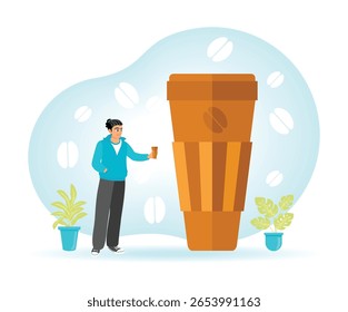 A coffee enthusiast holding a cup, with a giant latte cup background and coffee beans pattern. Symbolizes a takeaway coffee order. Quick snack  concept.