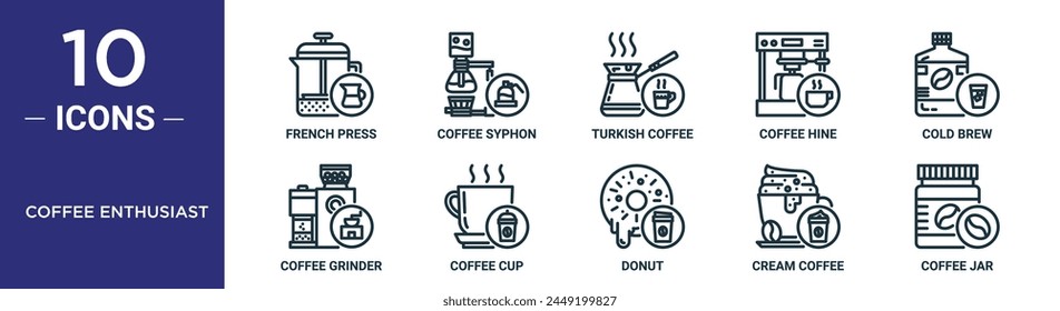 coffee enthusiast outline icon set includes thin line french press, coffee syphon, turkish coffee, hine, cold brew, grinder, cup icons for report, presentation, diagram, web design