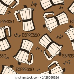 Coffee equipment and coffee beans, seamless pattern vector. Hand drawn background with coffee makers. Decorative wallpaper, good for printing for cafe. Design backdrop