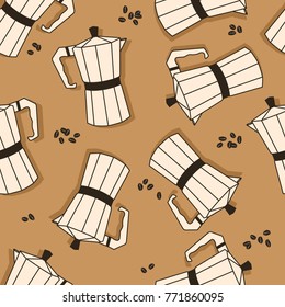 Coffee equipment and coffee beans, seamless pattern vector. Hand drawn background with coffee makers. Decorative wallpaper, good for printing for cafe. Design backdrop