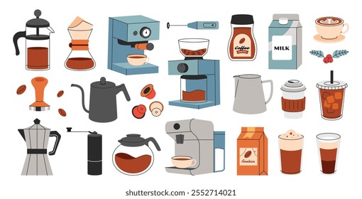 Coffee equipment collection. Set of various coffee elements. Flat organic hand drawing line vintage style.