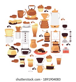 Coffee equipment and dessert poster - cups of espresso and different brewing method machines in isolated circle. Cartoon vector illustration of hot drinks.