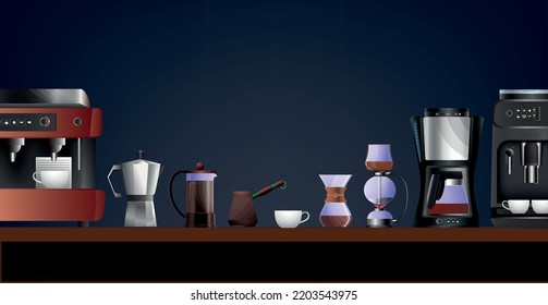 Coffee equipment flat composition with moka pot automatic machine cup jezve french press on table against dark background vector illustration