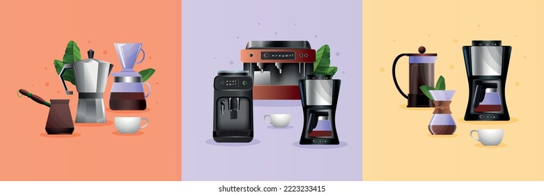 Coffee equipment flat compositions set with moka pot cezve espresso machine french press cups on color background isolated vector illustration