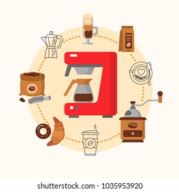 Coffee equipment flat consept. Hot drinks flat line icons - coffeemaker machine, beans, cup, grinder. For restaurant menus, business cards, brand design, etc. Colorful template for your design. Vector