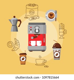 Coffee equipment flat consept. Hot drinks flat line icons - coffeemaker machine, beans, cup, grinder. For restaurant menus, business cards, brand design, etc. Colorful template for your design. Vector