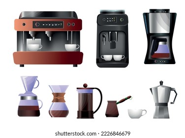 Coffee equipment flat gradient set with automatic machine jezve press moka pot cup isolated on white background vector illustration