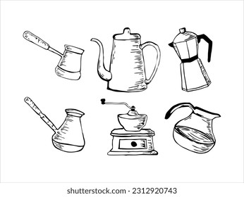 	
coffee equipment Hand drawn coffee set black white pattern traditional coffee maker set  isolated on white background doodle style