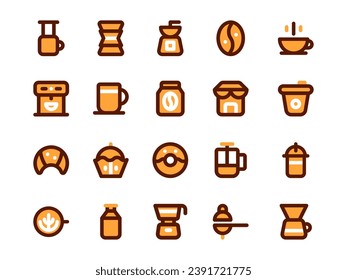 Paquete De Icono De Equipo De Café Llenado Con Dos Tonos. La colección de Iconos de bebidas es perfecta para sitios web, páginas de aterrizaje, aplicaciones móviles y presentaciones. Adecuado para UI UX.