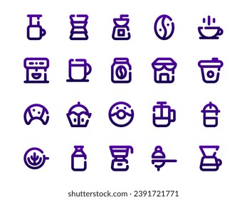 Coffee Equipment Icon Pack Gradient Broken Line Style. Beverage Icons Collection is Perfect for Websites, Landing Pages, Mobile Apps, and Presentations. Suitable for UI UX.