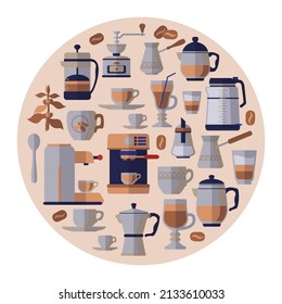 Coffee equipment icons arranged in circle. Barista utensils and tools for various kinds of brewing coffee. Coffee maker, cup, grinder mill and pot. Vector card in flat design.