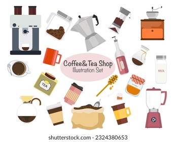 Coffee equipment icons arranged Equipment and tools for baristas for making different types of coffee. Coffee machine, cup, grinder, and pot. Vector card in flat style.