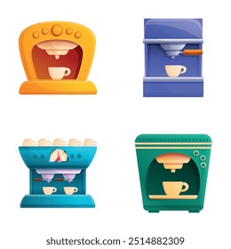 Coffee equipment icons set cartoon vector. Various espresso machine with cup. Morning drink