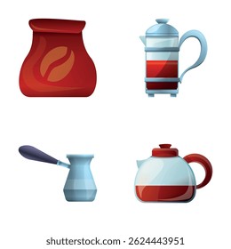 Coffee equipment icons set cartoon vector. Coffee brewing tool. Morning drink