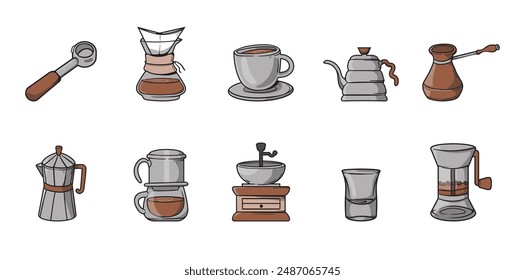 The Coffee Equipment Illustration Set features detailed illustrations of coffee tools, ideal for coffee-related projects.