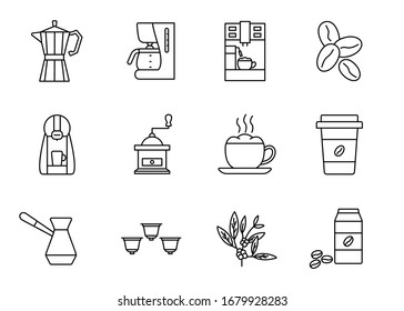 Coffee equipment line icon set. Coffee to go, mill, cup of cappuccino, cezve,  pot, beans, capsules. Concept for restaurant. Editable strokes.