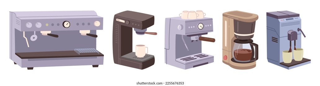 Coffee equipment and machine makers for preparing and brewing tasty and aromatic beverages. Coffee shop or cafe service, shop with assortment. Vector in flat style