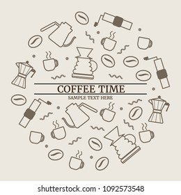 coffee equipment for manual brew coffee in circle, outline cartoon