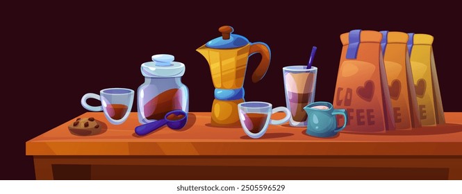 Coffee equipment on wooden table isolated on black background. Vector cartoon illustration of glass cup of espresso and latter with straw, paper packages of ground beans, chocolate cookie, milk jar