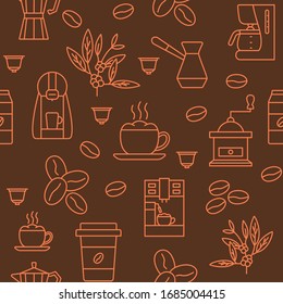 Coffee equipment seamless pattern with flat line icon. Concept for web banners, site and printed materials. For coffee shop and online store