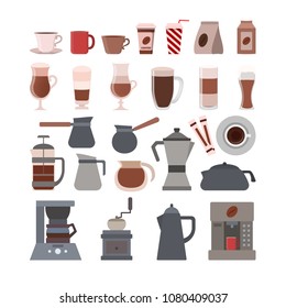 Coffee equipment set with cups, beans and pot.