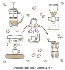 coffee equipment set sketch - vector illustration