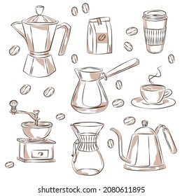 coffee equipment set sketch - vector illustration