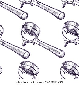 Coffee equipment.Coffee tools. Hand drawn illustration, coffee set.  Black and white elements.Linear graphic.Engraved stile.Portafilter .Seamless pattern.