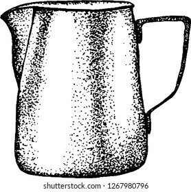 Coffee equipment.Coffee tools. Hand drawn illustration, coffee set.  Black and white elements.Linear graphic.Engraved stile.Pitcher.
