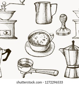 Coffee equipment.Coffee tools. Hand drawn illustration, coffee set.  Black and white elements.Linear graphic.Engraved stile.Seamless pattern.Vintage template for cafe or coffee shop.