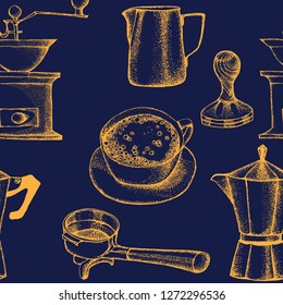 Coffee equipment.Coffee tools. Hand drawn illustration, coffee set.  Black and white elements.Linear graphic.Engraved stile.Seamless pattern.Vintage template for cafe or coffee shop.