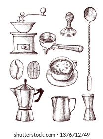 Coffee equipment.Coffee tools. Hand drawn illustration, coffee set. Black and white elements.Linear graphic.Engraved stile.Vintage template for cafe or coffee shop. 