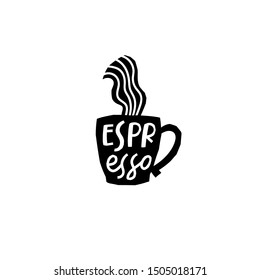 Coffee Espresso abstract Drink types sign lettering on cup. Cute, simple vector for postcard graphic design Hand written paper cutout letters geometric style print. Hot mug Shop promotion motivation