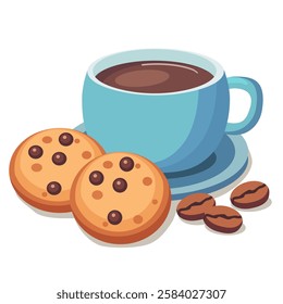 Coffee Espresso in a Blue Ceramic Mug.There are cookies and coffee beans on the side.Vector illustration isolated on white background.