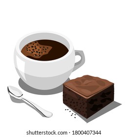 Coffee Espresso and Brownie Cake has a spoon placed on the side.Vector illustration isolated on white background.Can be used for logo, icon, restaurant menu, packaging, and graphic.