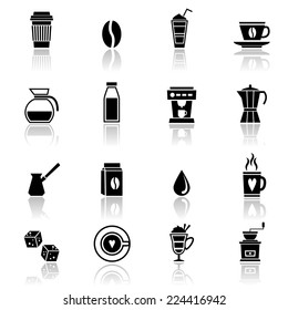 Coffee espresso cappuccino frappe black icons set with restaurant symbols isolated vector illustration