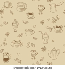 Coffee, espresso, cappuccino, mochachino, glasses, set of coffee cups, coffee beans. Seamless pattern of icons in vintage sketch style