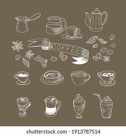 Coffee, espresso, cappuccino, mochachino, glasses, set of coffee cups, coffee beans. Vector coffee icons in vintage sketch style in white on a dark background