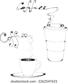 coffee in espresso cup and take away paper cup vector illustration lose sketchy style