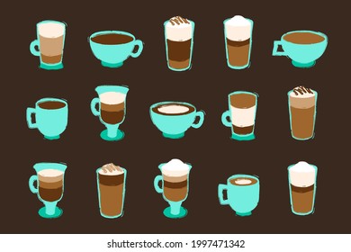 Coffee espresso drinks vector illustration set. Brush style coffee icons. Coffee cup, latte, americano,
flat white. Cafe barista restaurant menu graphics.
