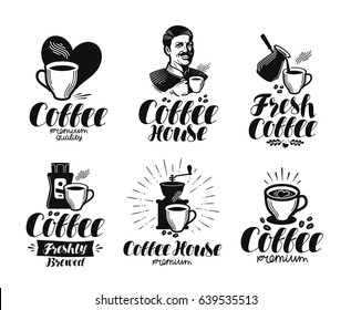 Coffee, espresso label set. Cafe, coffeehouse, cafeteria, hot drink symbol or logo. Lettering vector illustration