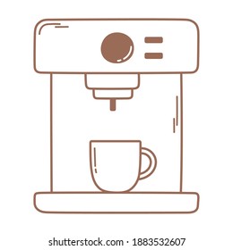 máquina de café espresso e icono de taza en ilustración de vector de línea marrón