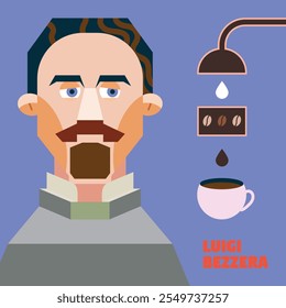 O inventor da máquina de café expresso Luigi Bezzera retrato vetorial em estilo plano geométrico.ilustração da história do café.