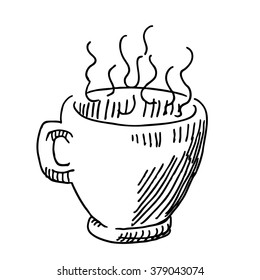Coffee espresso or tea in mug or cup, food sketch  drawing. Vintage line style illustration. For restaurant and  cafe design