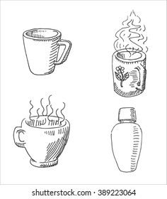 Coffee espresso or tea in mug or cup and aluminum canteen, food sketch  drawing. 
For restaurant and  cafe design