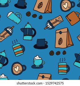 Coffee espresso and tea seamless repeating pattern. Hand drawn doodles in blue and brown colors